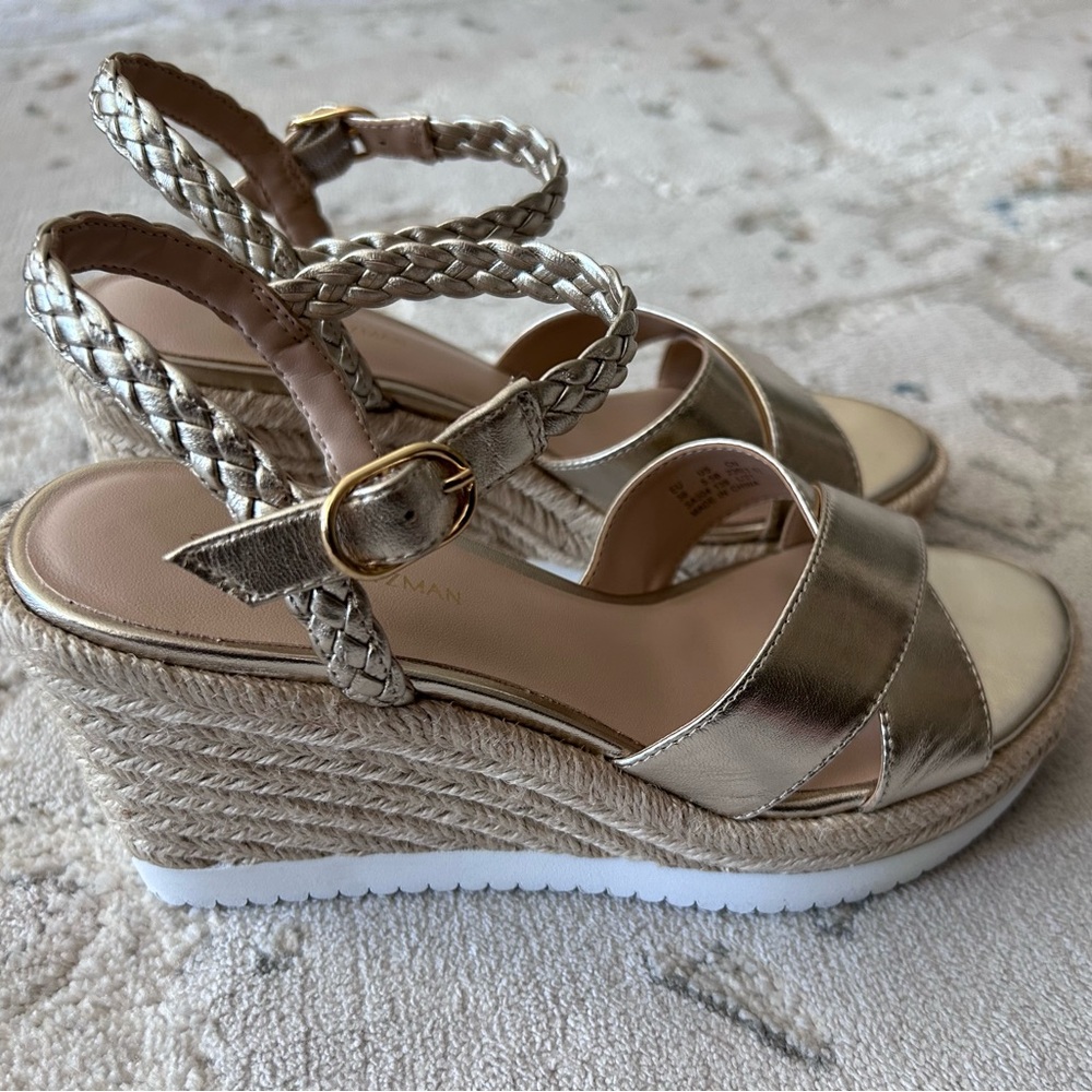 Stuart Weitzman Mykonos Braided Leather Wedge Sandal in Metallic